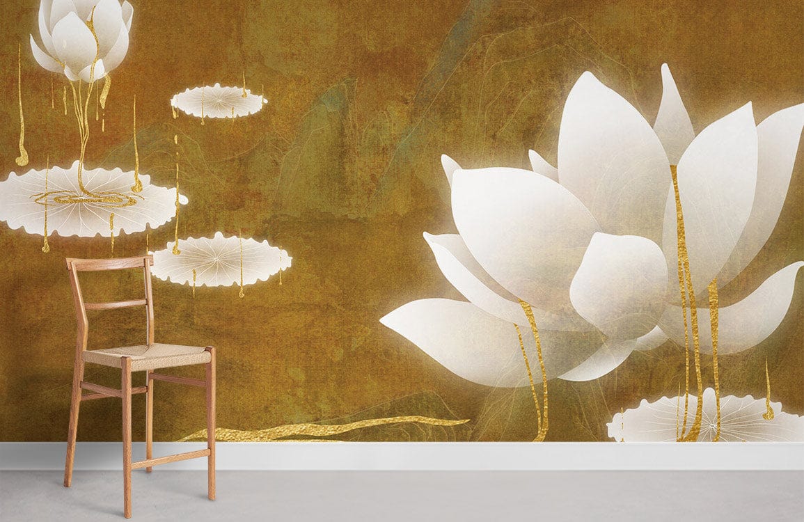Elegant mural wallpaper featuring white lotus in golden tones, wooden chair, minimalist style room.
