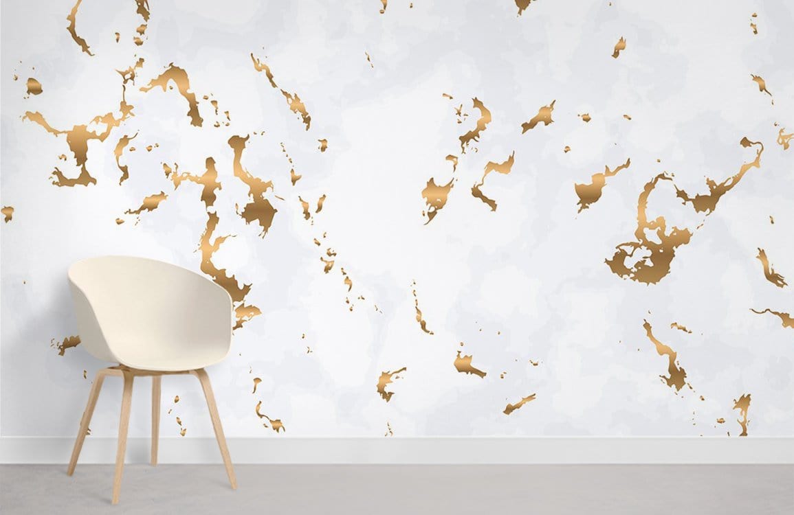 Luxury gold and white marble effect mural wallpaper, minimalist chair, modern living room, grey flooring.