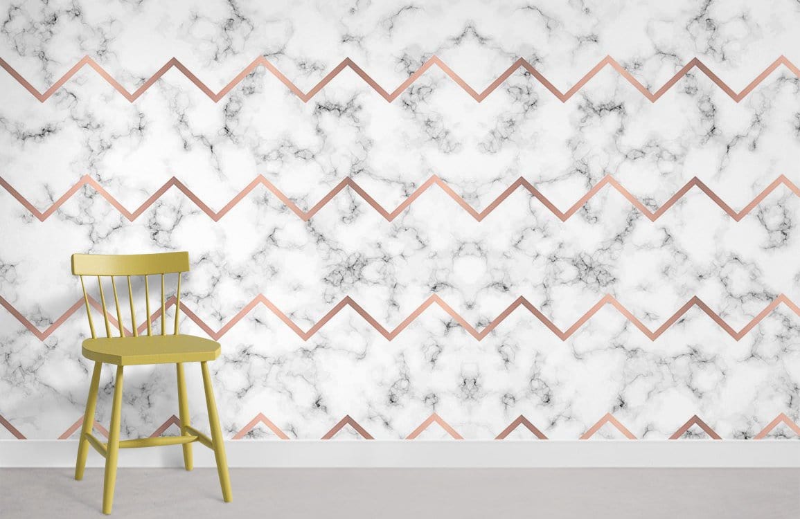 Marble Chevron Glam Wall Mural with Rose Gold; Features Green Chair, Modern Decor, Neutral Flooring.