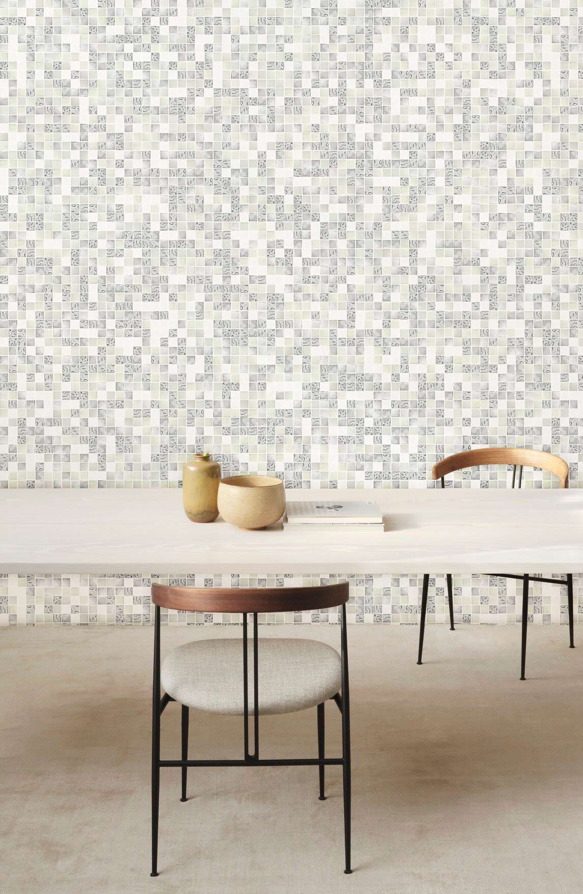 Elegant grey textured minimalist wallpaper with modern dining room, wooden table, black metal chairs.