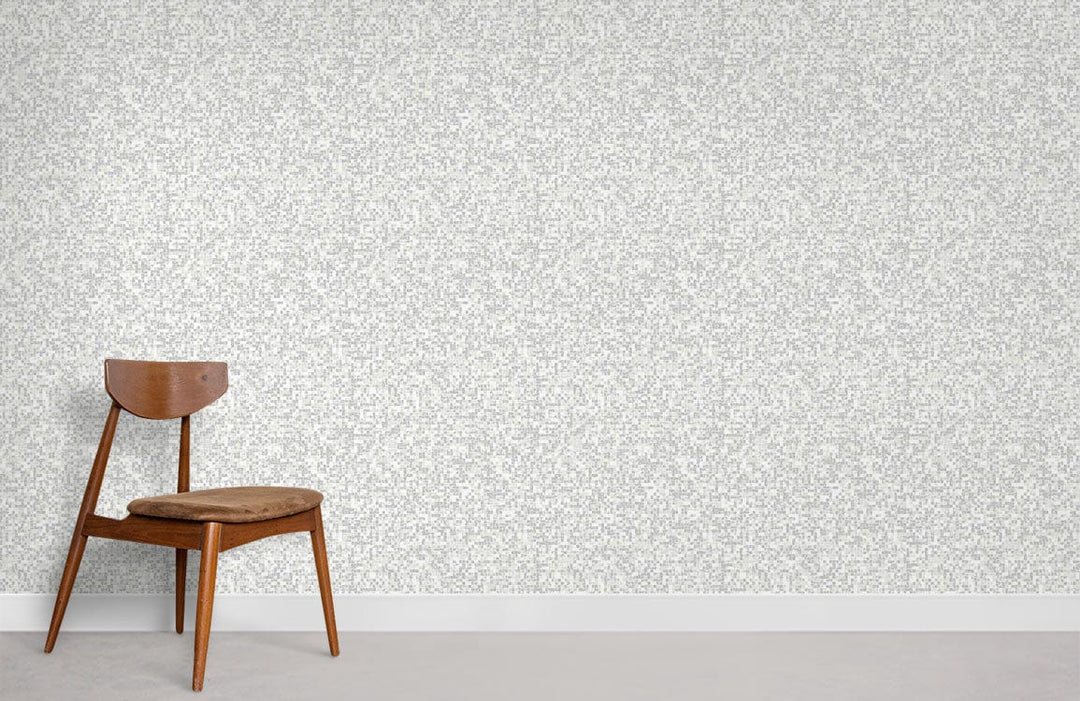 Elegant grey textured minimalist wallpaper, modern wood chair, neutral flooring, minimalist interior design decor.