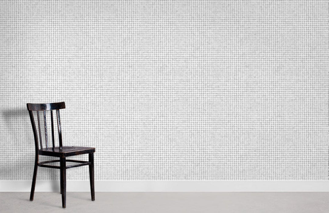 Elegant white grid minimalist wallpaper with dark wooden chair on light grey flooring. Modern interior design.