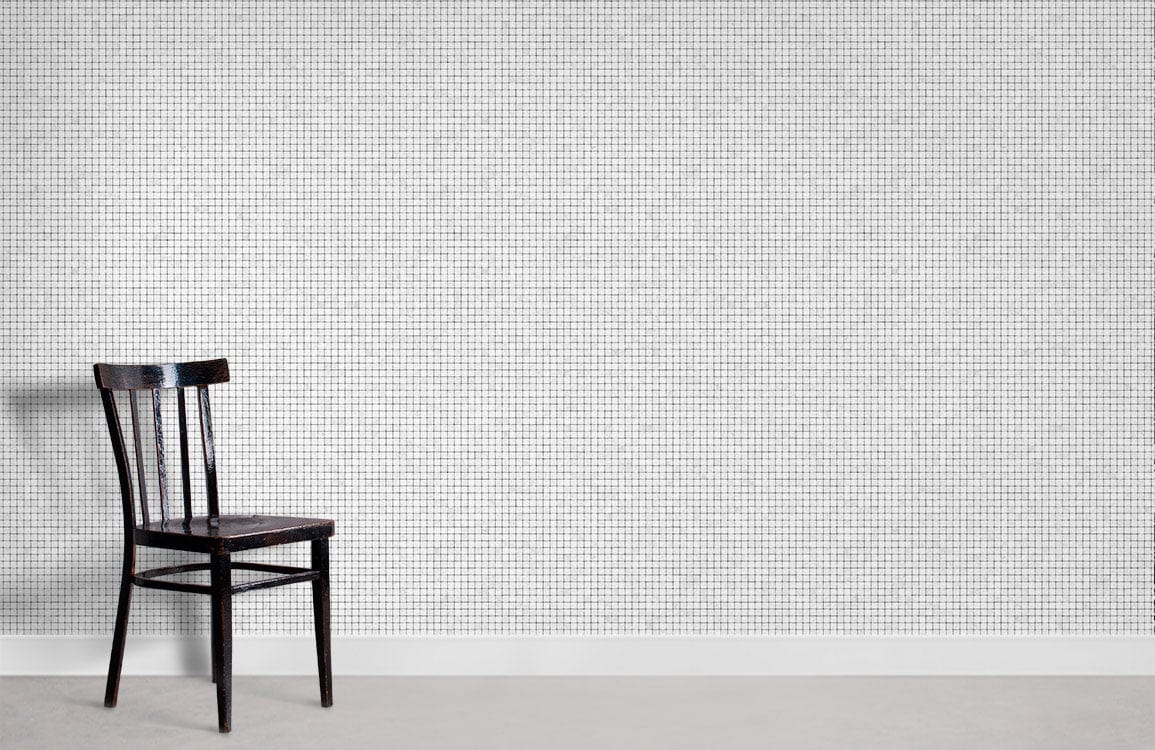 Elegant white grid minimalist wallpaper with dark wooden chair on light grey flooring. Modern interior design.