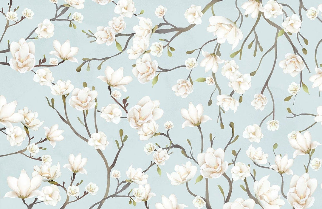 Serene Blue Magnolia Blossom Floral Wallpaper for Elegant Interior Design