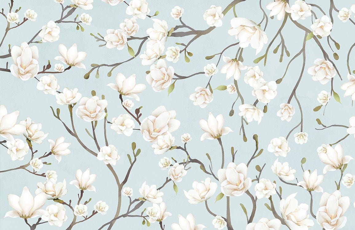 Serene Blue Magnolia Blossom Floral Wallpaper for Elegant Interior Design
