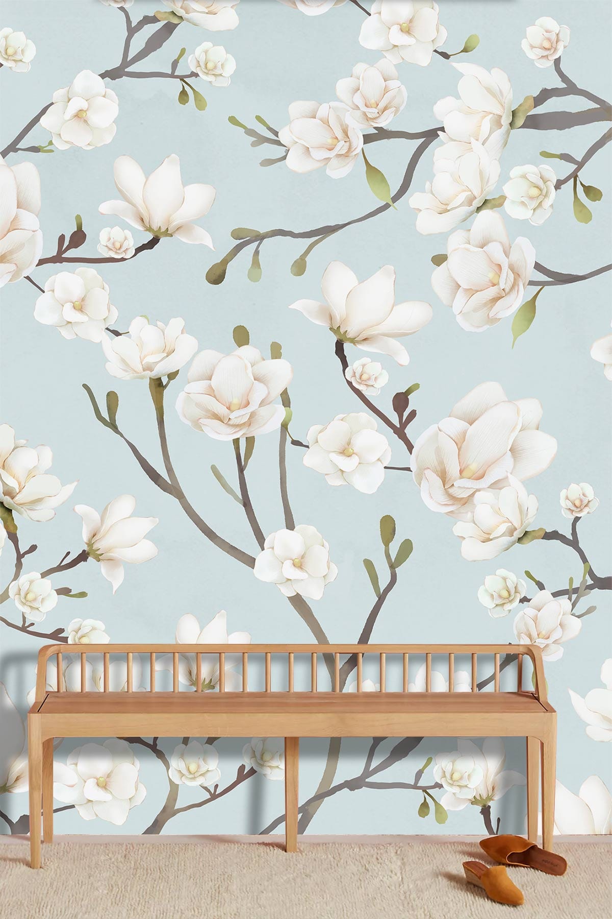 Elegant interior featuring Serene Blue Magnolia Blossom Floral Wallpaper, light wood bench, and textured flooring.