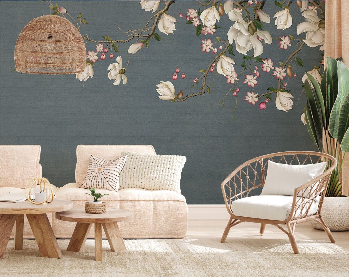 Elegant Floral Blossom Grey Mural Wallpaper, pink accents, rattan chair, beige sofa, cream rug.