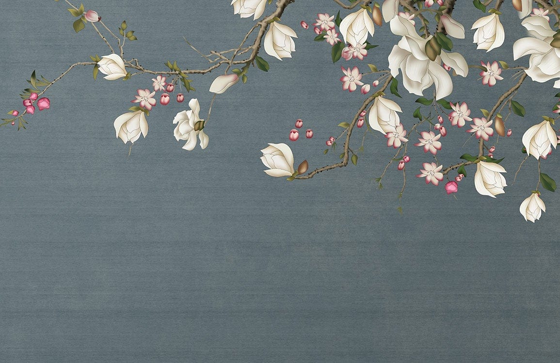 Elegant Floral Blossom Grey Mural Wallpaper with Delicate Pink Accents