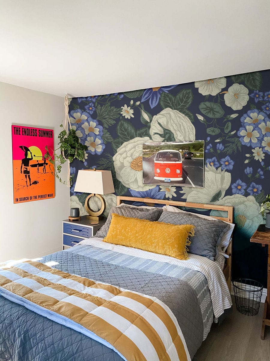 Midnight Blue Floral Elegance wallpaper in vintage botanical style, adorns cream blooms; bedroom Décor highlighted.