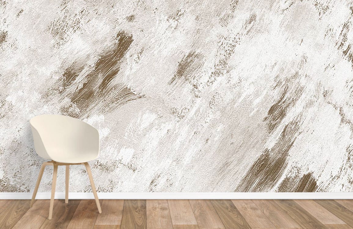 Elegant brushstroke beige textured wallpaper in modern interior with minimalist chair, wooden flooring.