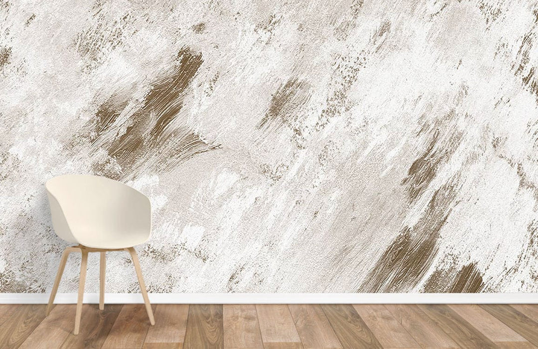 Elegant brushstroke beige textured wallpaper in modern interior with minimalist chair, wooden flooring.