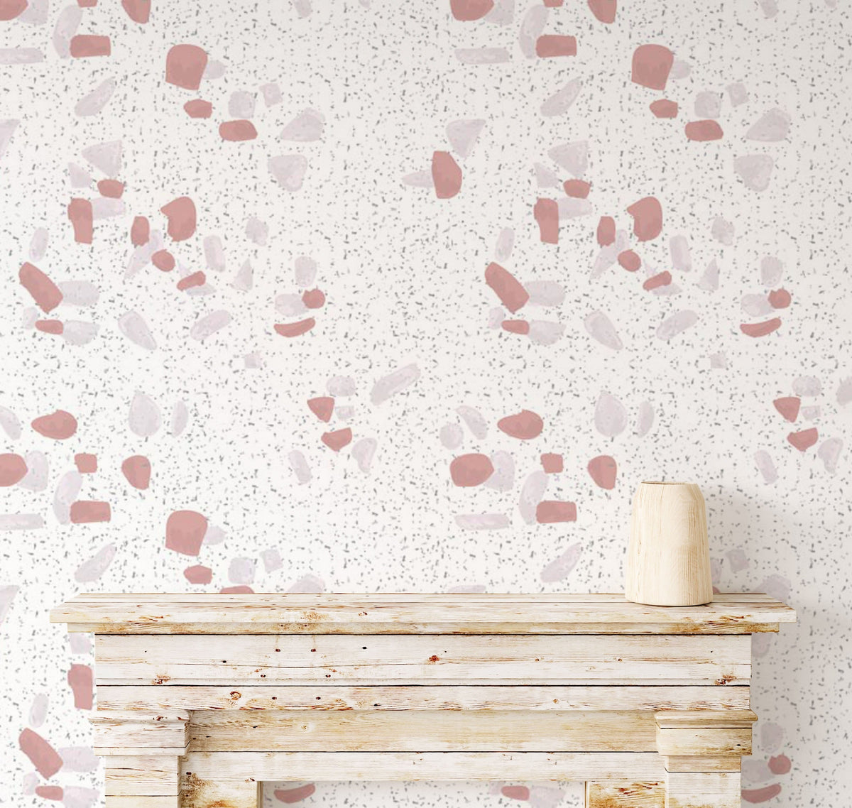 Elegant terrazzo wallpaper in soft pink and white, featuring rustic mantelpiece and minimalist decor.