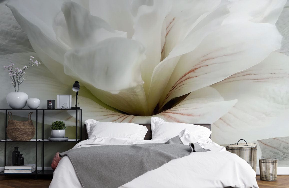 Serene White Blossom Floral Mural Wallpaper; elegant bedroom with white bedding, metal shelving, wooden flooring.