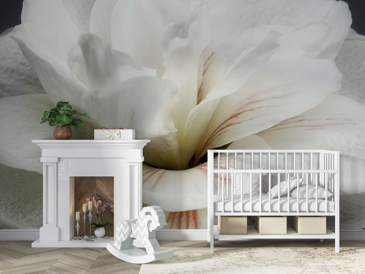Serene White Blossom Mural Wallpaper in nursery with white crib, fireplace, rocking horse, herringbone floor.