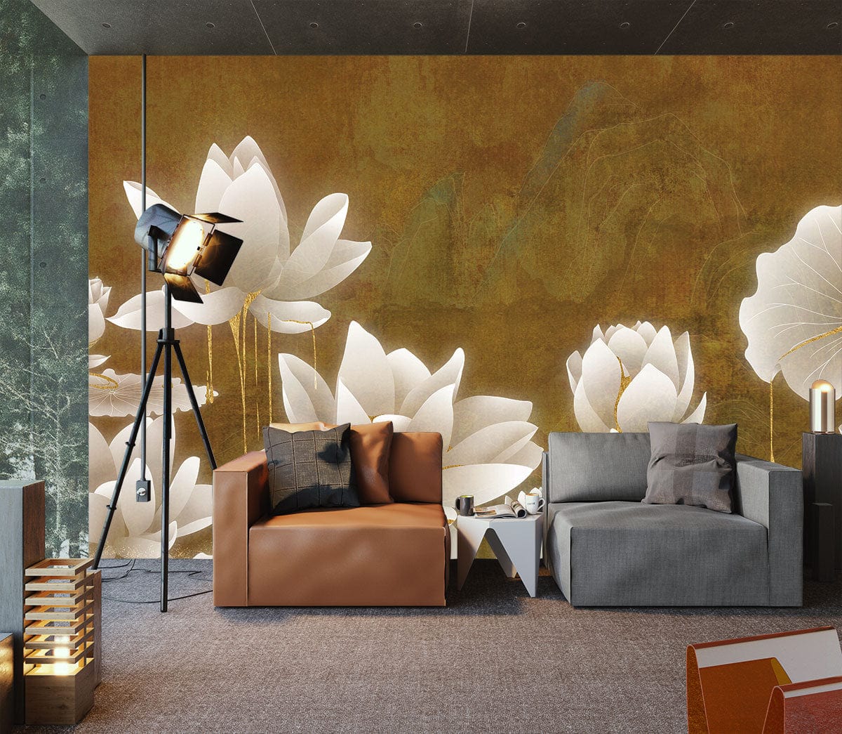 Elegant White Lotus Flower Mural Wallpaper in lounge with brown leather sofa, grey sofa, elegant Décor.'