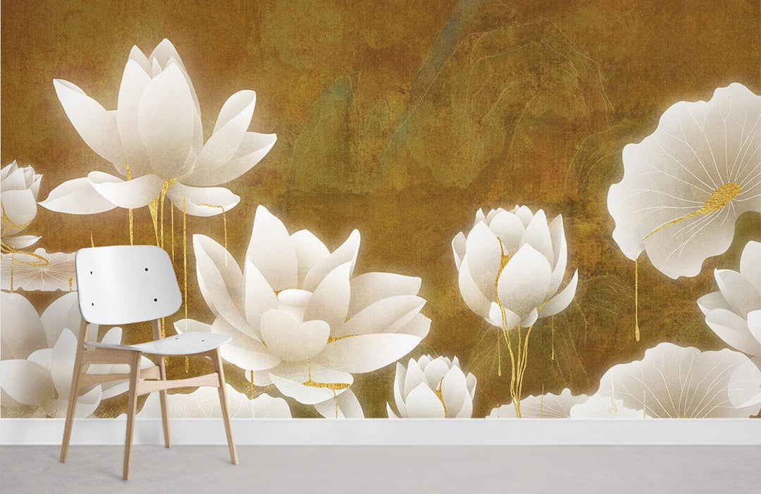 Elegant white lotus wallpaper with wooden chair, serene natural aesthetic, brown wall, grey flooring.