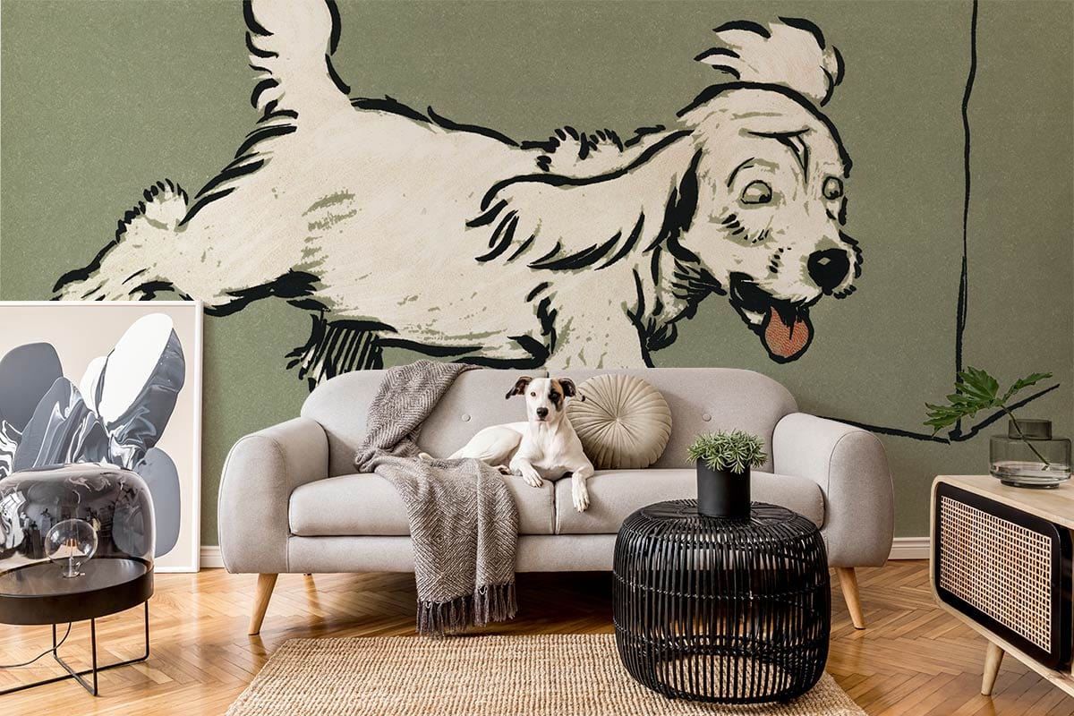 Vintage green wallpaper mural with cheerful running dog pattern, grey sofa, parquet flooring, stylish decor.