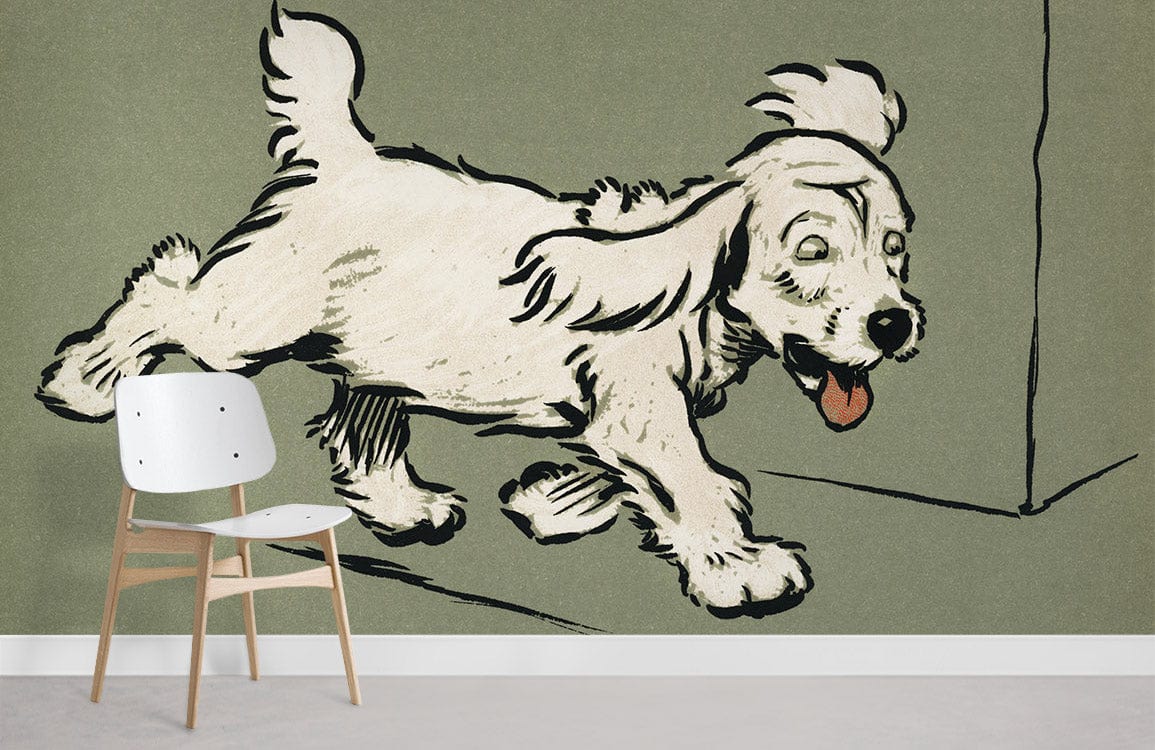 Cheerful Running Dog Pattern in Vintage Green Artistic Wallpaper Mural