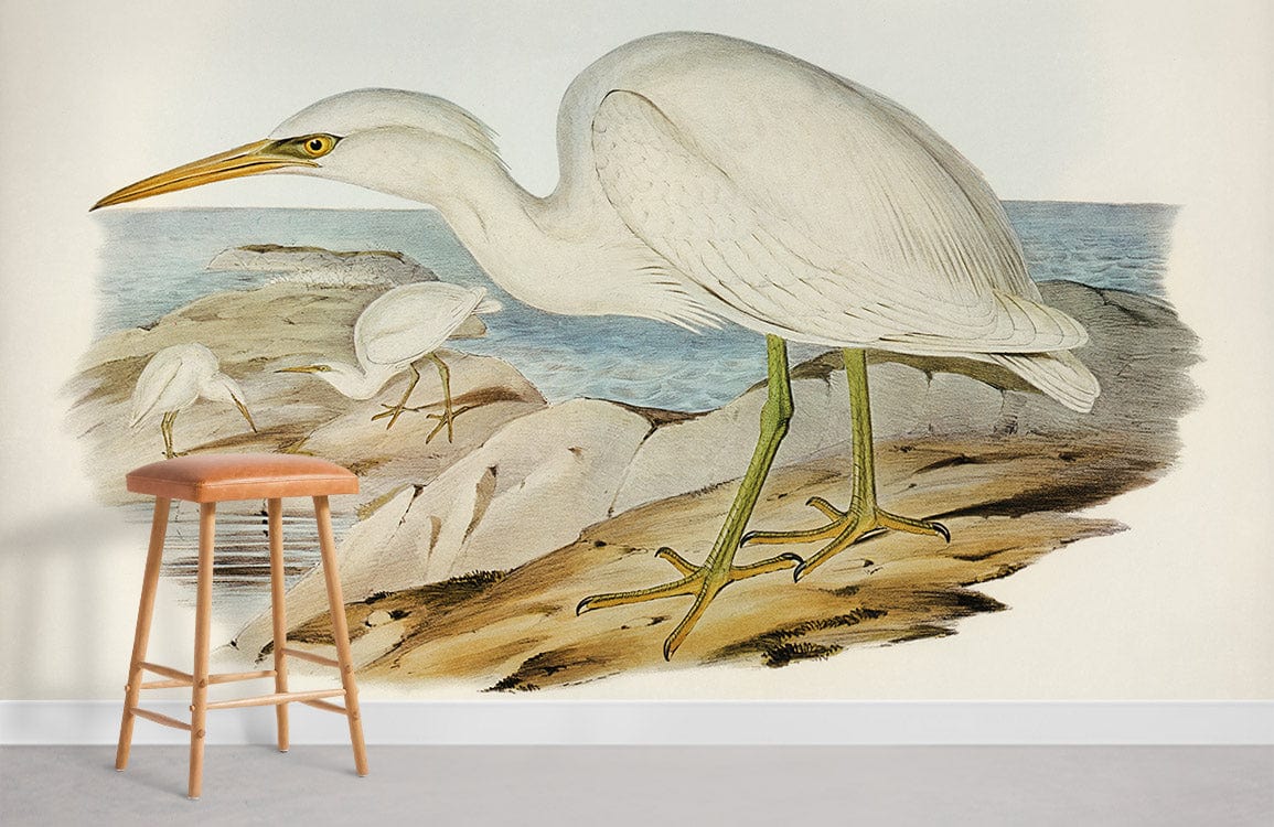 Vintage white egret mural wallpaper in soft pastels, wooden stool, living room, coastal theme.