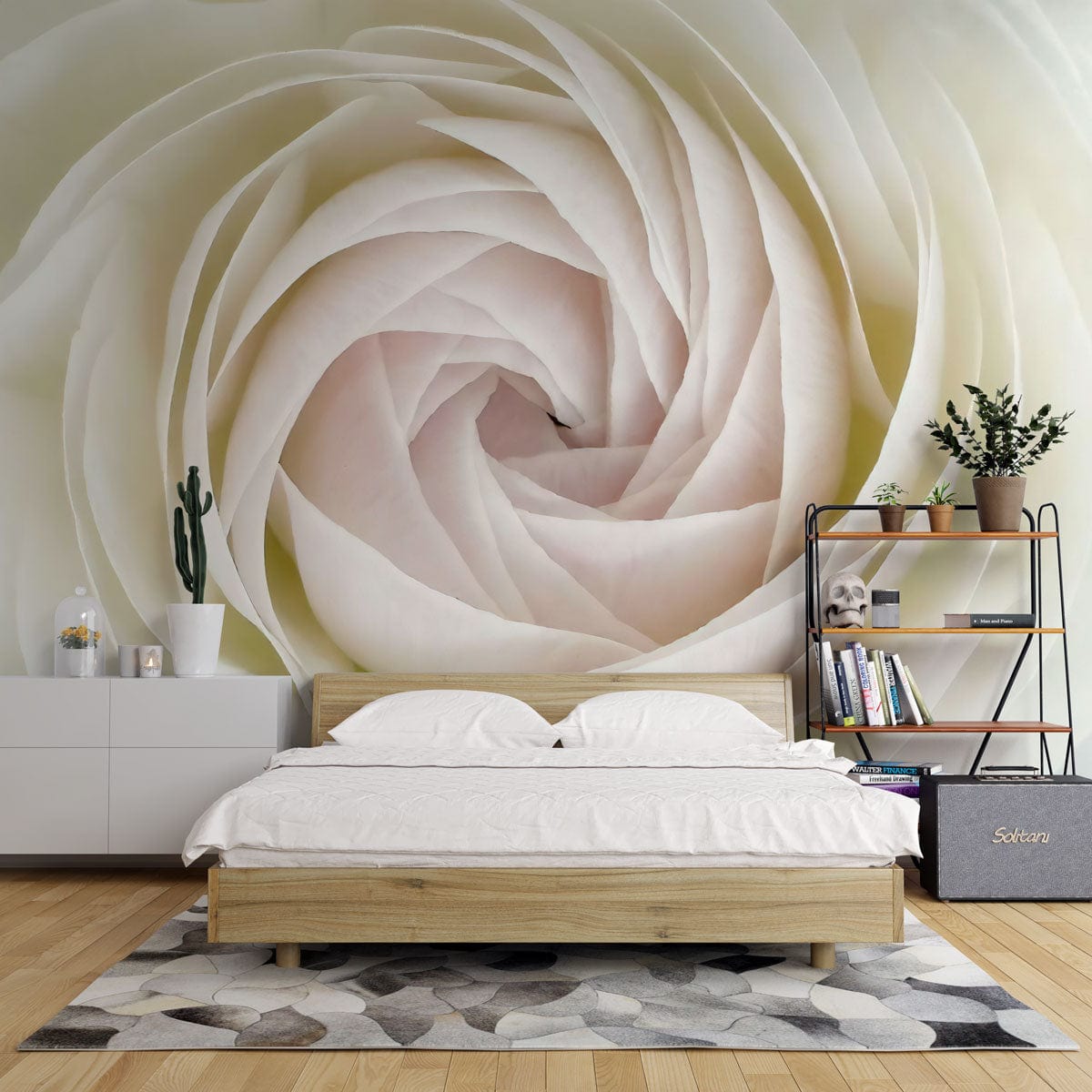 Elegant Ivory Rose Floral Mural Wallpaper in modern bedroom with wooden bed, geometric rug, and shelves.