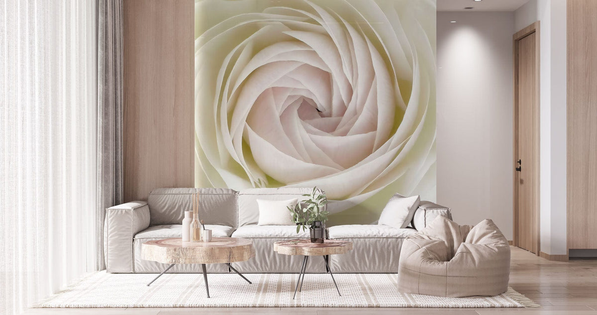 Elegant ivory rose mural wallpaper in living room with beige sofa, wooden flooring, and soft decor.