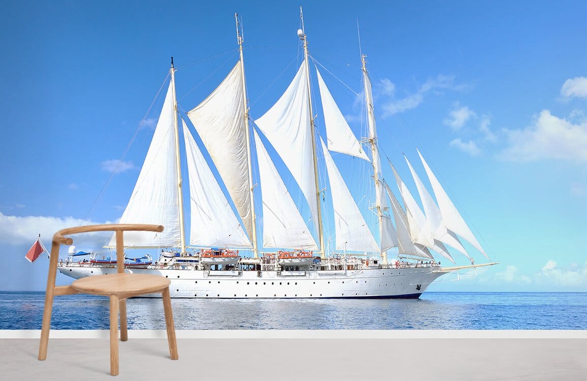 Classic Nautical Adventure Sailing Ship Mural with elegant wooden chair, contemporary design, serene atmosphere.