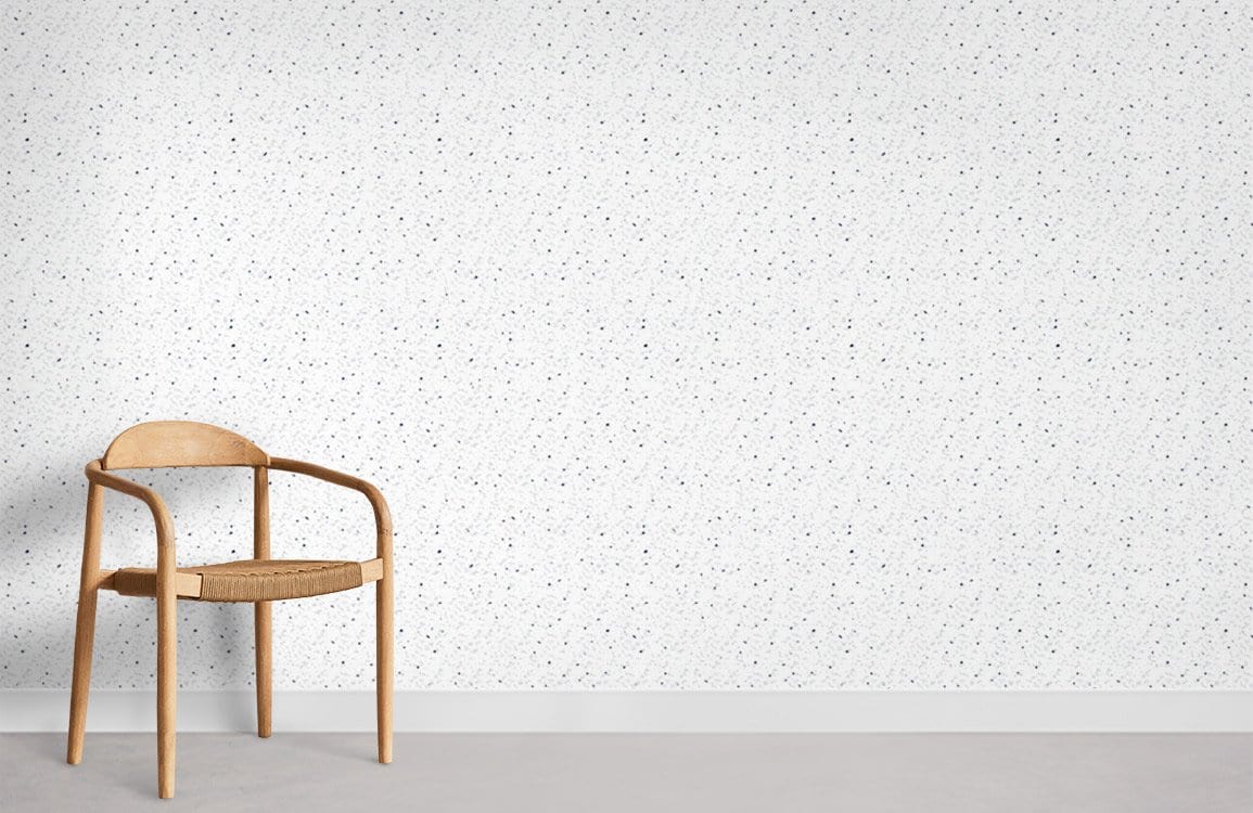 Minimalist white speckled wallpaper; wood chair; modern elegant home decor; light grey flooring.
