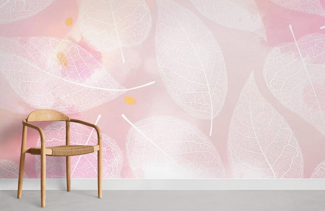 Elegant pink leaf-patterned wallpaper with wooden chair, light grey flooring, delicate transparent design accents.