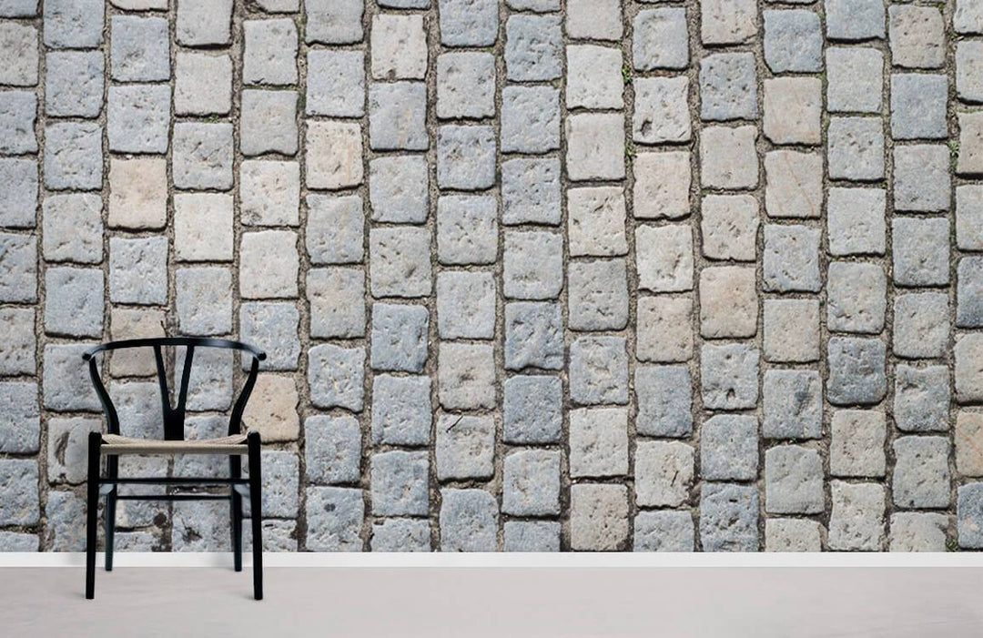 Vintage Cobblestone Pattern Wall Mural Wallpaper, Grey Beige, Rustic Style, with Black Chair, Minimalist Décor.