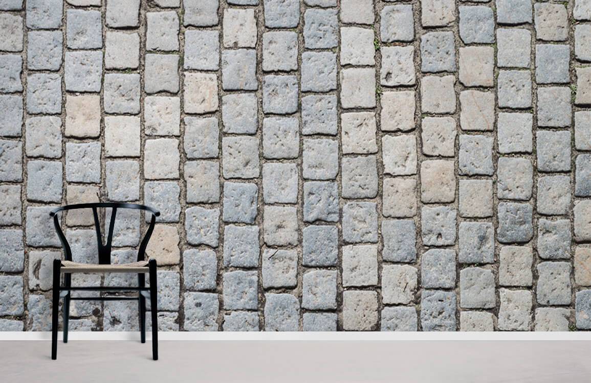 Vintage Cobblestone Pattern Wall Mural Wallpaper, Grey Beige, Rustic Style, with Black Chair, Minimalist Décor.