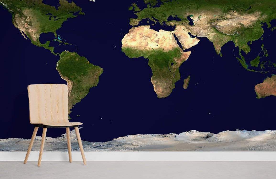 Earth Tones World Map Mural Wallpaper for travel lovers with wooden chair in minimalist room setting.