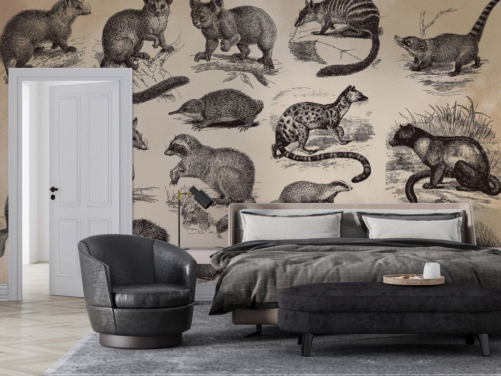 Bedroom featuring Vintage Wildlife Sketch Mural Wallpaper; sepia tones, grey modern bed, black armchair.