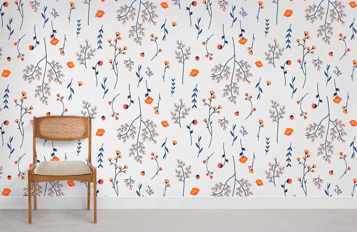 Elegant botanical wallpaper in orange and navy hues, with wooden chair, grey flooring, serene ambience.