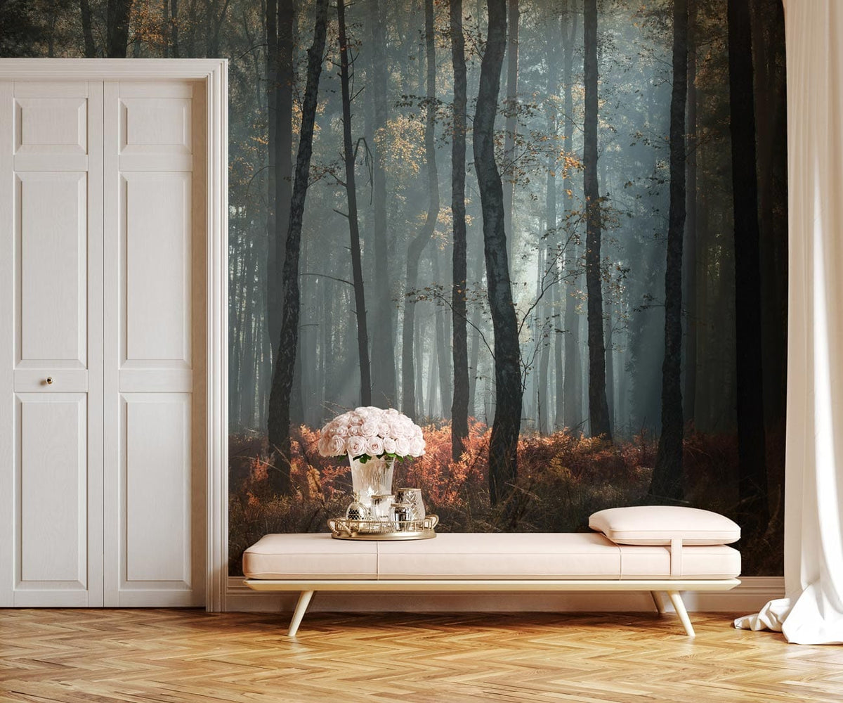 Enchanting Morning Mist Forest Mural Wallpaper, autumn hues, elegant room, stylish beige sofa, wooden flooring.