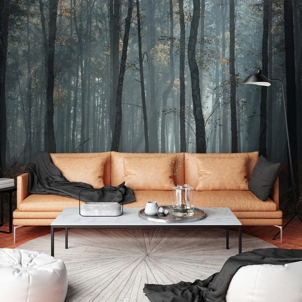 Enchanting Morning Mist Wallpaper, forest mural, earthy hues; brown sofa, modern room, stylish Décor.