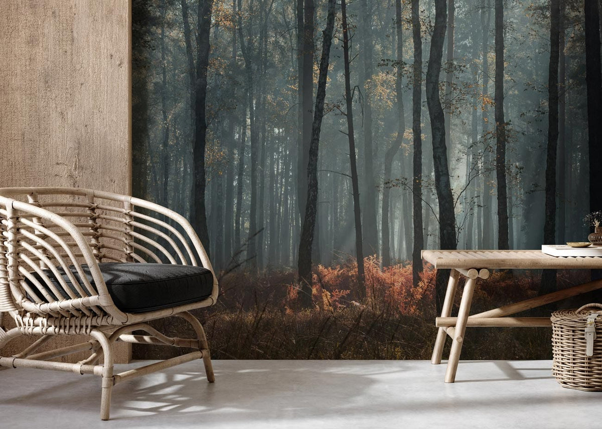 Enchanting Morning Mist Forest Mural; earthy hues, rattan chair, wooden flooring, rustic indoor decor ambiance.