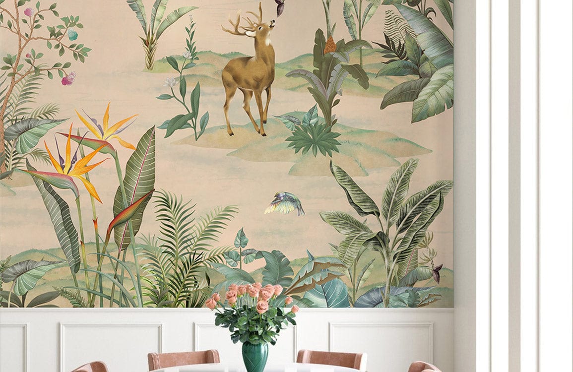 Tranquil Forest Fauna Mural Wallpaper adds lush green serenity to dining room with elegant furniture.