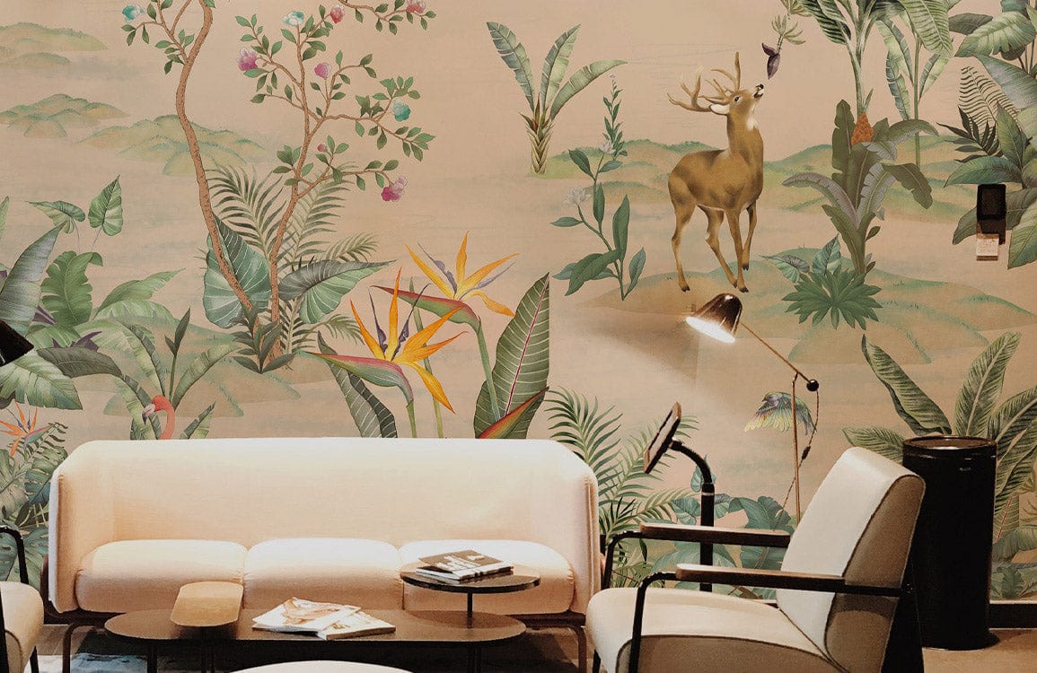 Tranquil Forest Fauna Mural, lush green wallpaper, modern white sofa, stylish armchairs, wood flooring.