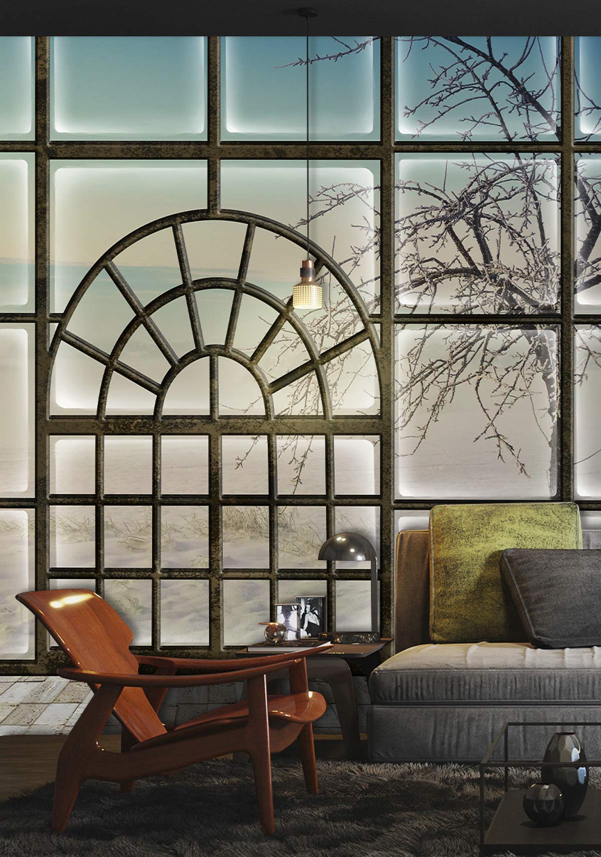 Frosty Window Scenic Mural Wallpaper in living room with modern armchair, grey sofa, and rug.