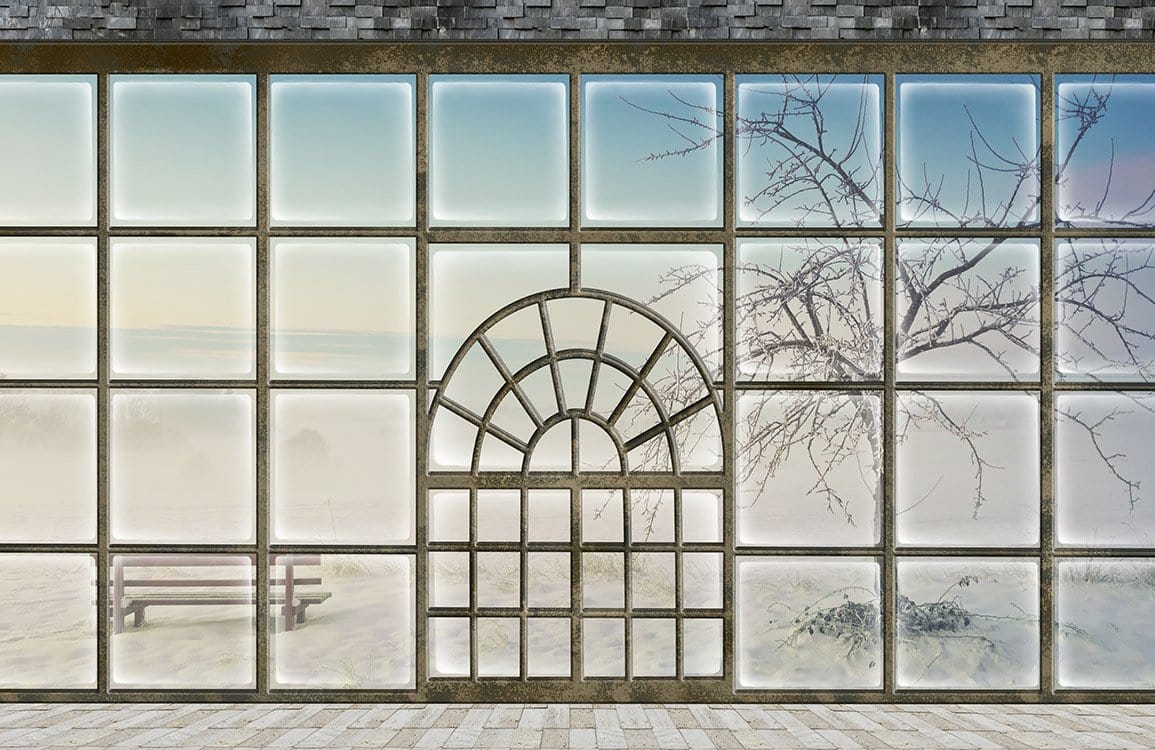 Frosty Window Scenic Mural Wallpaper: Winter Landscape with Bare Trees