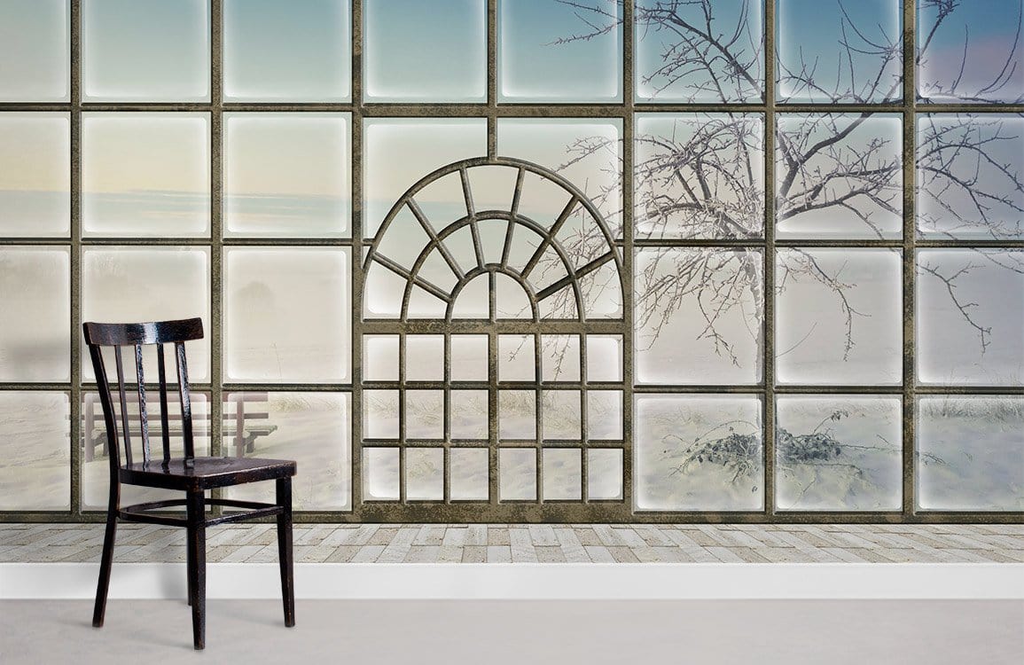 Frosty Window Scenic Mural Wallpaper: Winter Landscape, bare trees, wooden chair, white flooring, living room.