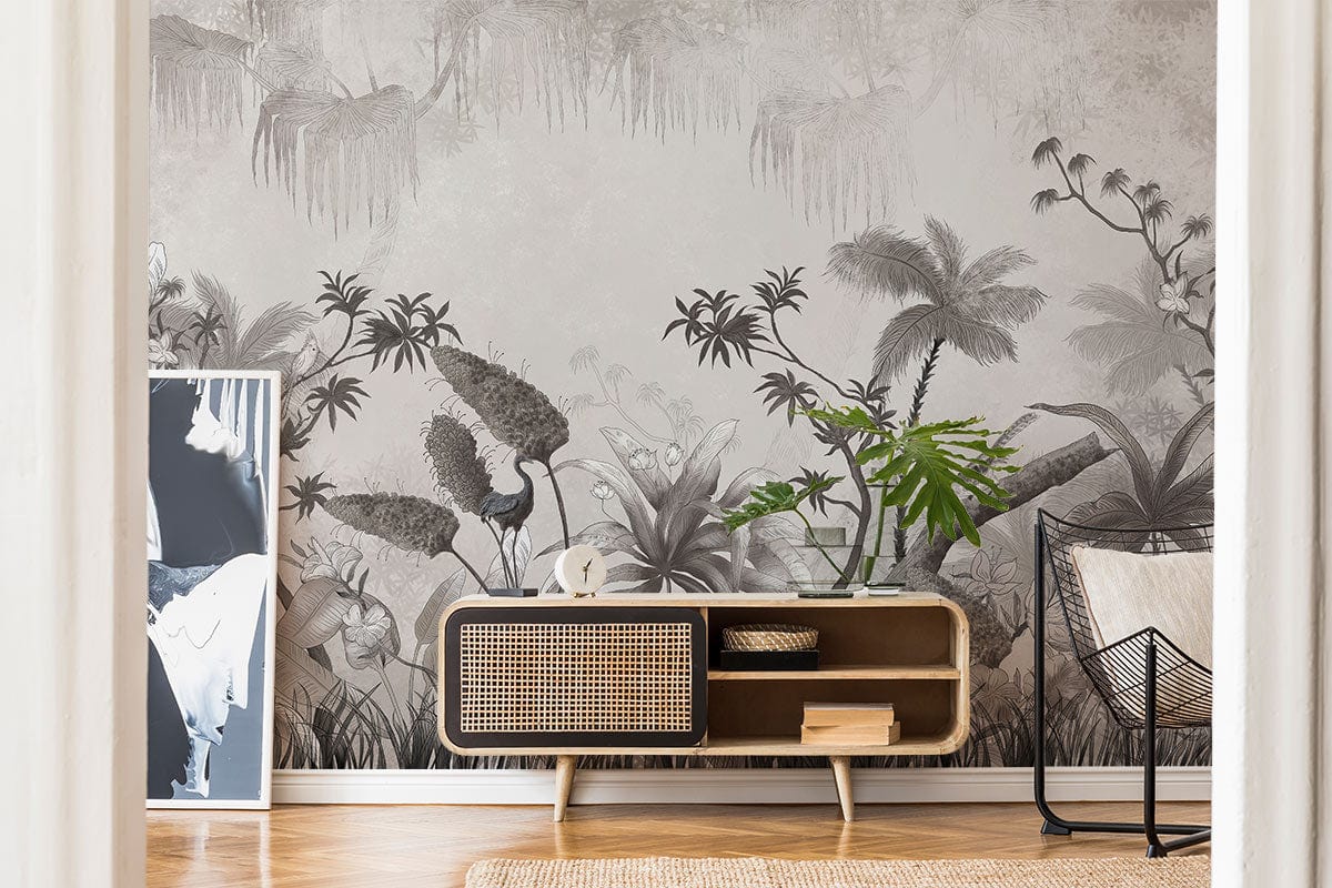 Tropical Paradise Grey Toned Mural Wallpaper in living room with modern sideboard and wooden flooring.