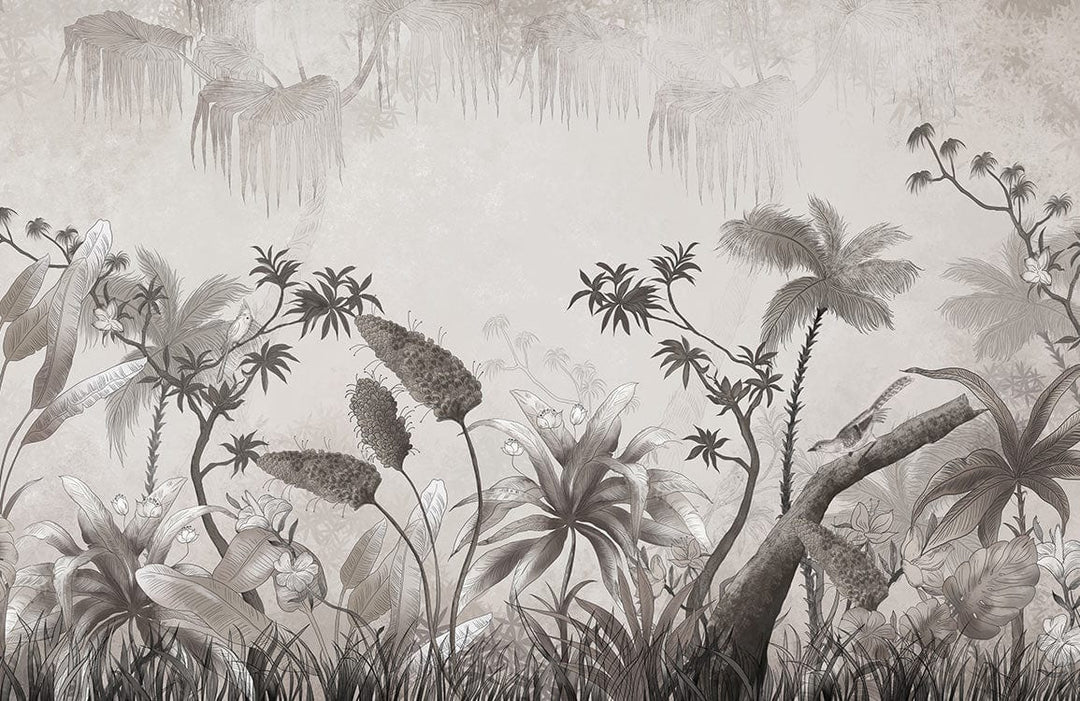 Tropical Paradise Grey Toned Mural Wallpaper - Exotic Botanical Jungle Theme