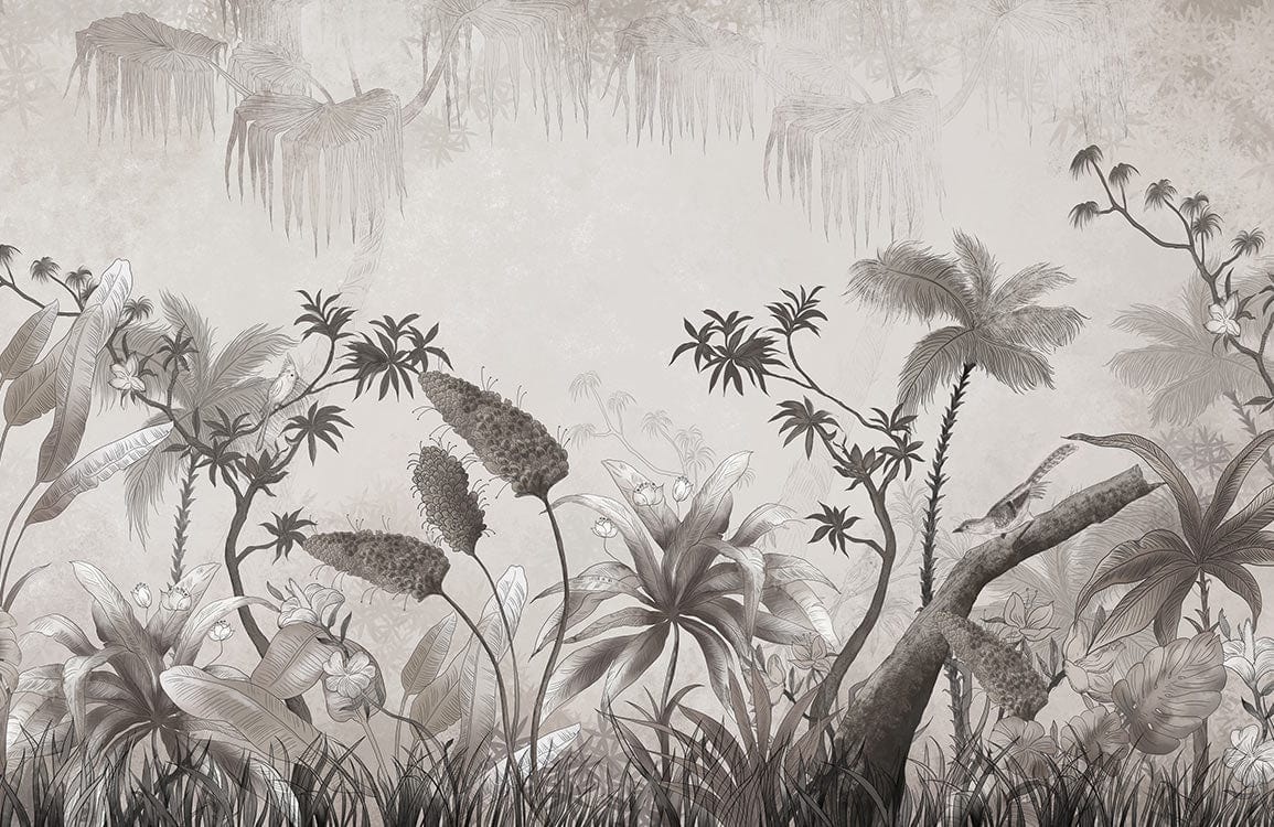 Tropical Paradise Grey Toned Mural Wallpaper - Exotic Botanical Jungle Theme