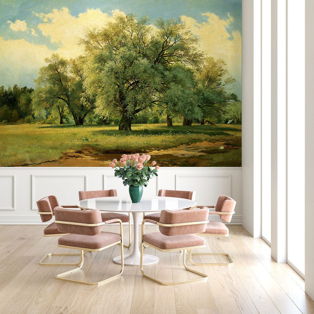 Tranquil Nature Scene Mural Wallpaper, serene landscape, pink chairs, wooden flooring, elegant dining room.