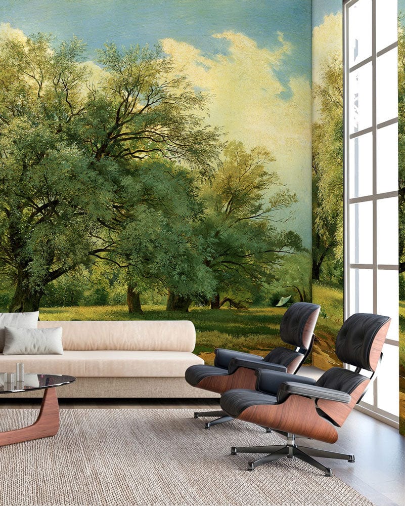Tranquil Nature Mural Wallpaper in lounge, beige sofa, modern armchairs, light wood flooring.
