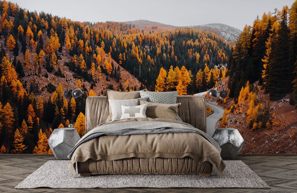 Autumn Forest Road mural in bedroom with rustic wood flooring, neutral sofa bed, vibrant landscape decor.