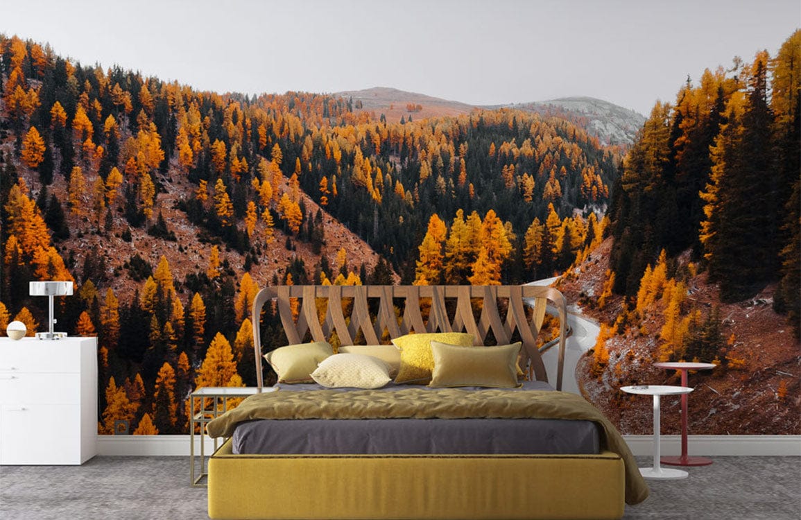 Autumn Forest Mural Wallpaper in bedroom with contemporary bed, grey carpet, and white drawers.