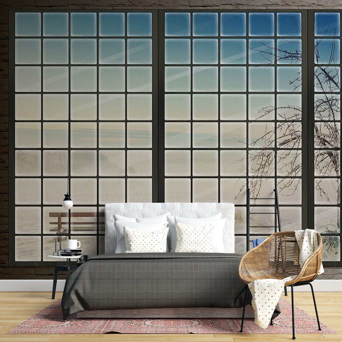 Black and white bedroom with Winter Serenity Frosted Window Mural, featuring a classic armchair and rug.