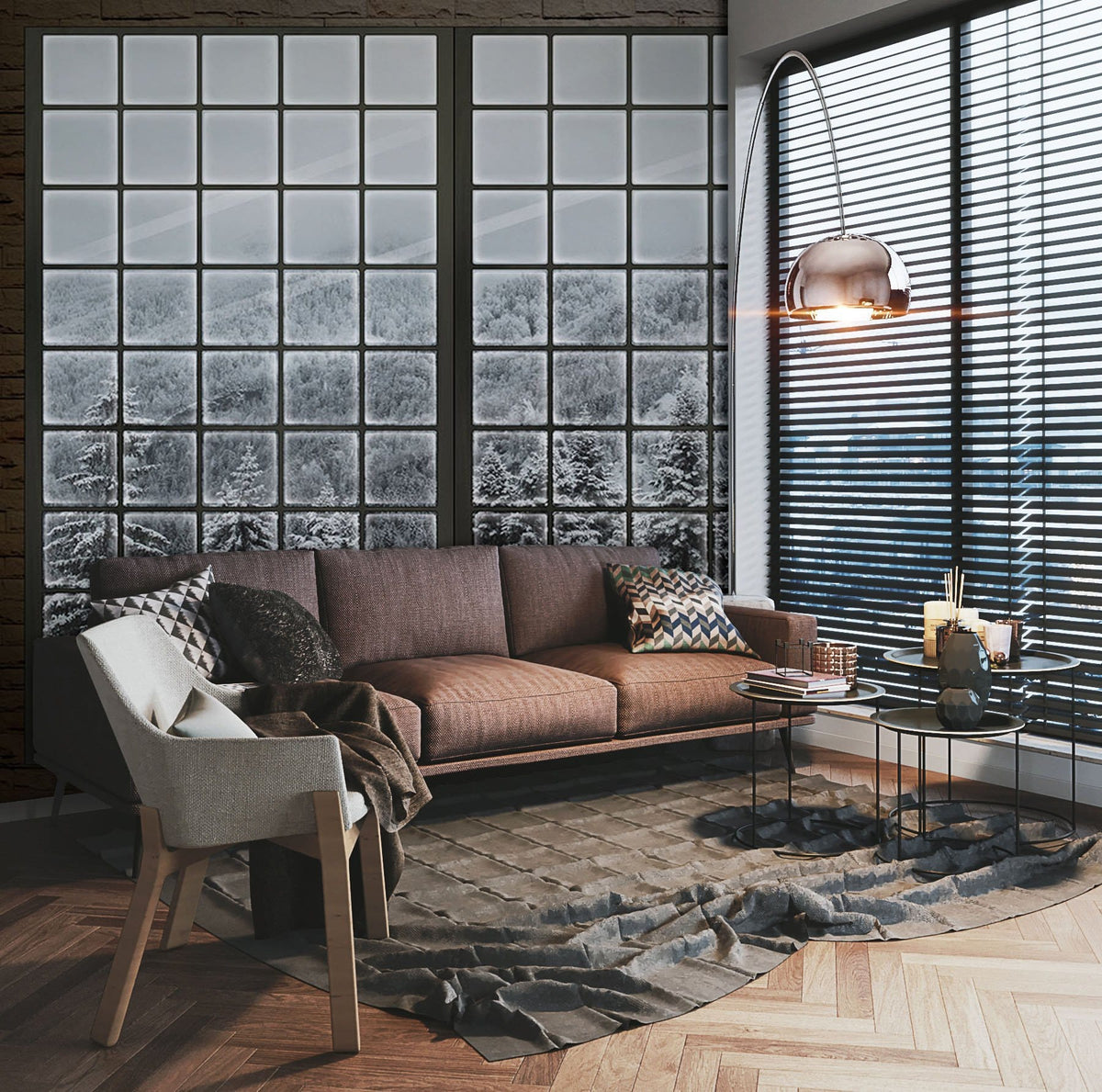 Panoramic Winter Wonderland Mural with snowy forest view, modern living room, brown sofa, parquet flooring.